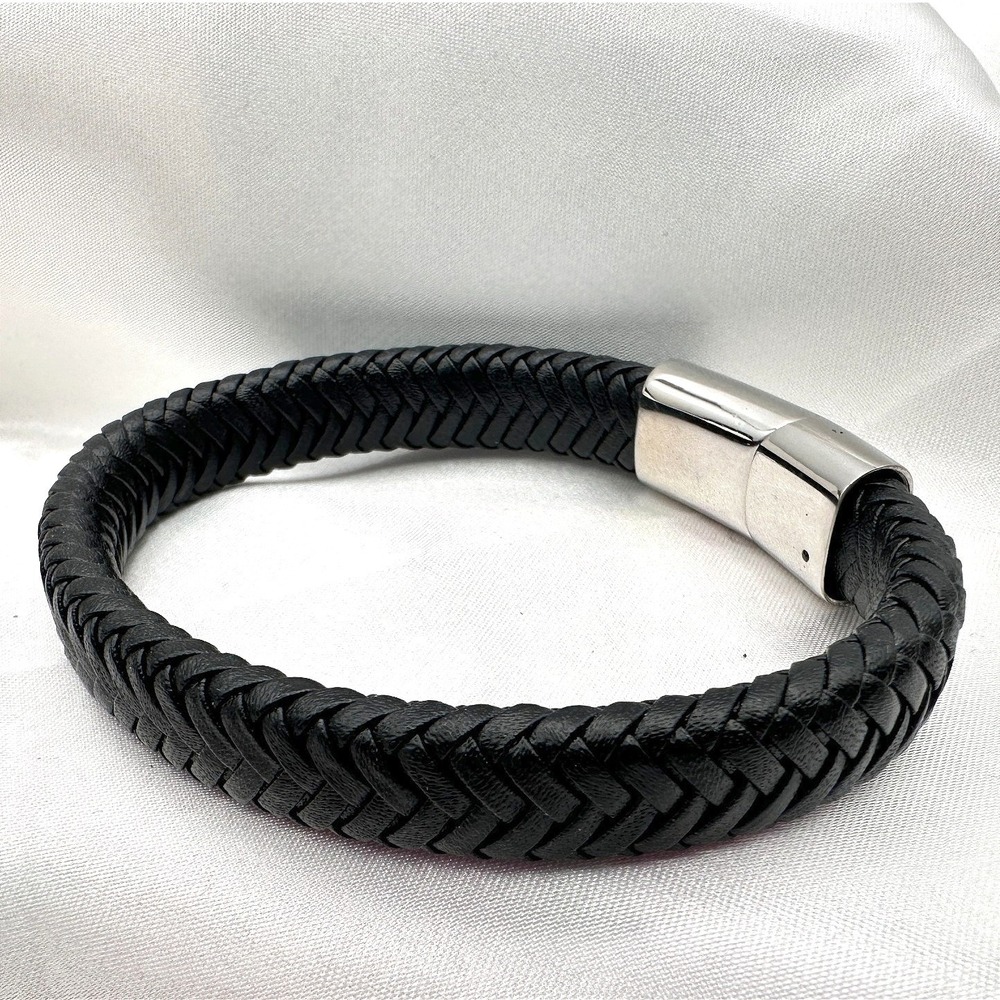 Vintage 90s Silver Tone Braided‎ Black Leather Bracelet Unisex Classic Jewelry